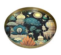 32cm Metal Gold Round Decorative Tray for Coffee Table Indian Temple Design Home Decor Accessories Decoration