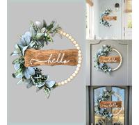 32cm Wooden Bead Floral Wreath with Faux Flowers Easter Decoration for Living Room Door Wall Hanging Spring Summer Welcome Sign (Khaki, 32cm)