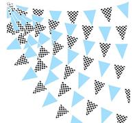 32Ft Blue Black White Checkered Race Car Fabric Bunting Banner Racing Car Party Decorations Triangle Flag Pennant Garland Streamers for Kids Boy Birthday Baby Shower NASCAR Theme Party Outdoor Decor