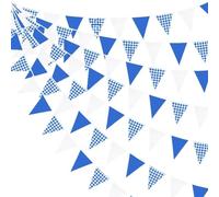 32Ft Deep Blue Party Decorations Blue Buffalo Plaid Checkered White Triangle Flag Gingham Pennant Bunting Fabric Garland for Picnic Racing Car BBQ Birthday Wedding Outdoor Garden Oktoberfest Decor