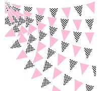 32Ft Pink Black White Checkered Race Car Fabric Bunting Banner Racing Car Party Decorations Triangle Flag Pennant Garland Streamer for Kids Girls Birthday Two Fast Baby Shower NASCAR Theme Party Decor