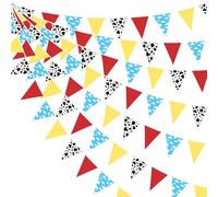 32Ft Red Blue Yellow Cloud and Cow Print Fabric Bunting Banner Cartoon Story Party Decorations Toy Story Triangle Flag Pennant Garland for Kids Birthday Baby Shower Anniversary Outdoor Garden Decor