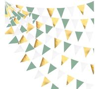 32Ft Sage Green Gold White Bunting Banner Party Decorations Fabric Triangle Flag Pennant Garland Streamers for Rustic Jungle Safari Wild Woodland Dinosaur Birthday Wedding Baby Shower Hanging Decor