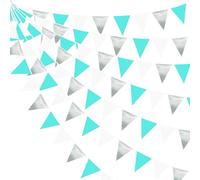 32Ft Teal Blue Silver Bunting Banner Party Decorations Silver Aqua Green Fabric Triangle Flag Pennant Garland Streamers for Under The Sea Birthday Wedding Ocean Baby Shower Summer Gender Reveal Decor
