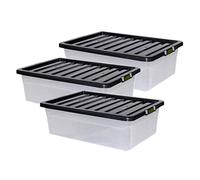32L 32 Litre Large Big Plastic Storage Clear Box Strong Stackable Container & Lids - Set of 3 Boxes