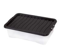 32L Under Bed Storage Box with Lid Plastic - Clear Storage Boxes w/ Black Lids for Organising School, Home, Office - Stackable Underbed Storage Boxes, Plastic Boxes for Easy Access & Storing (10 pcs)