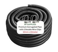 32mm x 10meter Flexible Pond Hose Corrugated Pipe with 2 Clips - Double-Wired Hose Clips for Pond Pumps, Filters, Drainage - Corrugated Water Butt Connector Pipe - Black