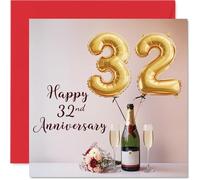32nd Anniversary Card for Women and Men, Balloons & Bottle of Bubbly