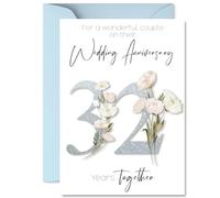 32nd Anniversary Card for Women Men - Fancy Floral Flowers - Happy 32 Year Anniversary Card for Girlfriend Partner Wife Husband, A5 Wedding Anniversaries Greeting Cards