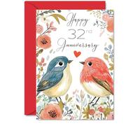 32nd Anniversary Card for Women Men - Love Birds - Happy Wedding Anniversary Cards for Wife Husband Girlfriend Boyfriend, A5 Floral Bird Greeting Cards