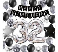 32nd Birthday Balloons Decorations,Black Silver Number 32 Star Foil Latex Confetti Balloons,32nd Birthday Banner for Cheers to 32 Years Old Party Supplies(32nd)