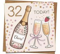 32nd Birthday Card - Cheers Champagne Bottle & Flutes, Confetti Design - 145mm x 145mm Square Greeting Card with Kraft Envelope for Him or Her, Fun Celebration