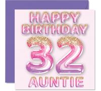32nd Birthday Card for Auntie - Pink & Purple Glitter Balloons - Happy Birthday Cards for 32 Year Old Aunt Aunty from Nephew Niece, 145mm Bday Greeting Cards Gift