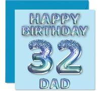 32nd Birthday Card for Dad - Blue Glitter Party Balloons - Happy Birthday Cards for 32 Year Old Dad Father from Son Daughter, 145mm Bday Greeting Cards Gift