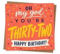32nd Birthday Card for Her, Bold Typography & Sprinkles | Coral card with sprinkle confetti and big text: “Oh my god you’re thirty-two” plus “Happy Birthday!” for her 32nd.