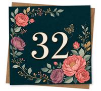 32nd Birthday Card for Her, Floral 32 on Deep Teal | Elegant 32nd for her: big number 32 set on a deep teal background with floral artwork and leafy details.