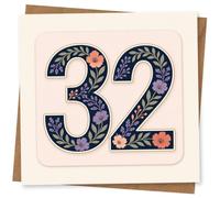 32nd Birthday Card for Her, Floral 32 on Soft Pink | Celebrate her 32nd with an elegant “32” floral number on a soft pink background, in modern navy tones.