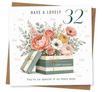 32nd Birthday Card for Her, Floral Gift Box & Confetti | Large “32nd” with floral gift box, confetti dots and “Have a lovely 32nd” and “Happy Birthday” message.