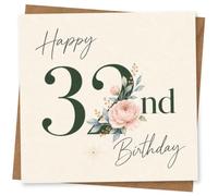 32nd Birthday Card for Her, Green, Soft Pink Florals | Modern script lettering over a soft floral illustration with bold green number styling-made for her 32nd birthday.