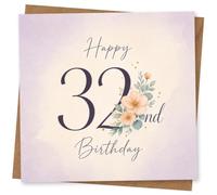 32nd Birthday Card for Her, Large 32 & Delicate Blossom Detail | Celebrate her 32nd with a large “32”, delicate blossom detail, leafy sprigs and graceful script birthday wording.
