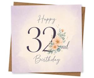 32nd Birthday Card for Her, Large 32 & Delicate Blossom Detail | Celebrate her 32nd with a large “32”, delicate blossom detail, leafy sprigs and graceful script birthday wording.