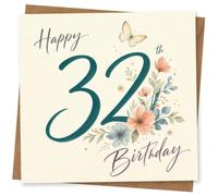 32nd Birthday Card for Her, Teal 32, Florals & Butterfly | Mark her 32nd with a large teal 32, delicate floral artwork, butterfly detail and ‘Happy 32nd Birthday’ wording.