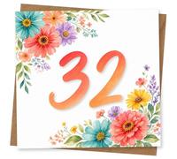 32nd Birthday Card for Her, Watercolour Florals & 32 | Large 32 lettering with vibrant painted flowers in the corners; a bright, celebratory card for her 32nd.