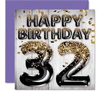 32nd Birthday Card for Men - Black & Gold Glitter Balloons - Happy Birthday Cards for 32 Year Old Man Friend Brother Dad Uncle, 145mm Bday Greeting Cards Gift