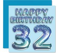 32nd Birthday Card for Men - Blue Glitter Party Balloon - Happy Birthday Cards for 32 Year Old Man Brother Friend Uncle Dad, 145mm Bday Greeting Cards Gift