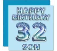 32nd Birthday Card for Son - Blue Glitter Party Balloons - Happy Birthday Cards for 32 Year Old Son from Mum Dad Parents, 145mm Bday Greeting Cards Gift