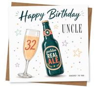 32nd Birthday Card for Uncle, Golden Real Ale & Cheers | Features “Happy Birthday Uncle”, a golden REAL ALE bottle, bubbly glass with 32, scattered stars and “CHEERS! TO YOU”.