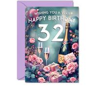 32nd Birthday Card, Pink Presents Champagne Bottle