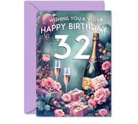32nd Birthday Card, Pink Presents Champagne Bottle