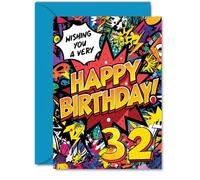 32nd Birthday Cards for Men Women - Comic Book Pow! - Happy Birthday Card for 32 Year Old Man Woman Wife Brother Colleague Friend, A5 Bday Greeting Cards