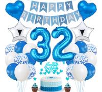 32nd Birthday Decoration - Blue & Silver, Cake Decoration for Men & Women, 32 Years