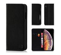 32nd Classic Series - Real Leather Book Wallet Flip Case Cover For Apple iPhone XS Max, Real Leather Design With Card Slot, Magnetic Closure and Built In Stand - Black