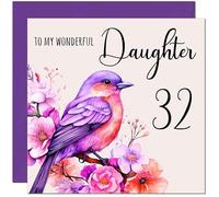 32nd Daughter Birthday Card - Purple Watercolour Bird Daughters Birthday Card for 32 Year old thirty two, thirty second