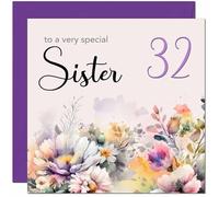 32nd Sister Birthday Card - Purple Floral Sister's Birthday Card for 32 Year old thirty two, thirty second
