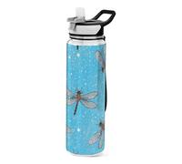 32oz Fake Glitter Cartoon Dragonfly Blue Water Bottle with Carry Strap Tritan BPA Free Leakproof non toxic Plastic Sports Water Bottle for Yoga washable