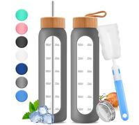 32oz Glass Water Bottle with Time Marker - 1000ml Large Motivational Water Bottle with 2 Bamboo Lids, Sealed & Straw Hole, 1L Bottle for Fitness with Stainless Steel Straw & Silicone Case (Gray)