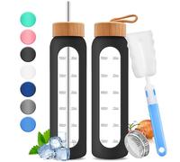 32oz Glass Water Bottle with Time Marker - 1000ml Large Motivational Water Bottle with 2 Bamboo Lids, Sealed & Straw Hole, 1L Bottle for Fitness with Stainless Steel Straw & Silicone Case (Black)