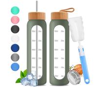 32oz Glass Water Bottle with Time Marker - 1000ml Large Motivational Water Bottle with 2 Bamboo Lids, Sealed & Straw Hole, 1L Bottle for Fitness with Stainless Steel Straw & Silicone Case (Green)