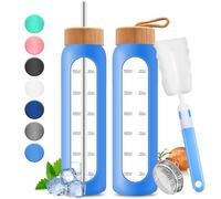32oz Glass Water Bottle with Time Marker - 1000ml Large Motivational Water Bottle with 2 Bamboo Lids, Sealed & Straw Hole, 1L Bottle for Fitness with Stainless Steel Straw & Silicone Case (Blue)