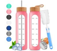 32oz Glass Water Bottle with Time Marker - 1000ml Large Motivational Water Bottle with 2 Bamboo Lids, Sealed & Straw Hole, 1L Bottle for Fitness with Stainless Steel Straw & Silicone Case (Pink)