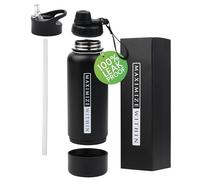 32oz Stainless Steel Water Bottle - Vacuum Insulated Triple Wall Sports Flask with Dual Lids (Straw & Spout) + Hidden Storage Compartment | Leakproof, Reusable, Black Travel Thermos