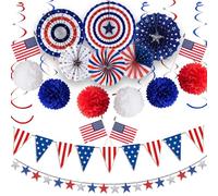 32PCS 4th of July Patriotic Decorations Red White Blue Paper Fans USA Flag Pennant Star Streamer Pom Poms Hanging Swirls For Veterans Labor Presidents Flag Memorial Day Indoor Outdoor Outside