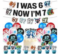 32Pcs 6-7 Birthday Decoration Set, Funny Birthday Party Decorations for Boys and Girls, 6 7 Meme Cake Decoration with Cupcake Toppers, I Was 6, Now I'm 7 Banners, Colourful Balloons