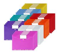 32Pcs A4 Clear Plastic Wallets File Folders with Label Pocket 11 Hole Ring Binder and Button, Punched Envelope Document Popper Wallets Widen for School, Home, Office, Travel Supply, 8 Assorted Colours