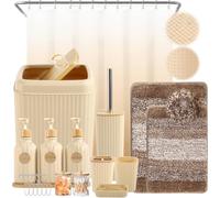 32PCS Beige Bathroom Accessories Set - Shower Curtain, Lotion & Soap Dispenser, Black Decor