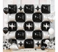 32PCS Black and Silver Square Foil Balloons Wall, Double Sided Metallic Silver Black Checkered Square Balloon Backdrop Flat Tunnel with Star Balloon Background for Disco Birthdays Graduation New Year
